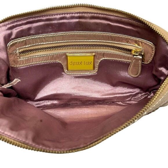 Deux Lux large Clutch metallic gold suede leather with gold diamonds BoxU - Picture 2 of 5